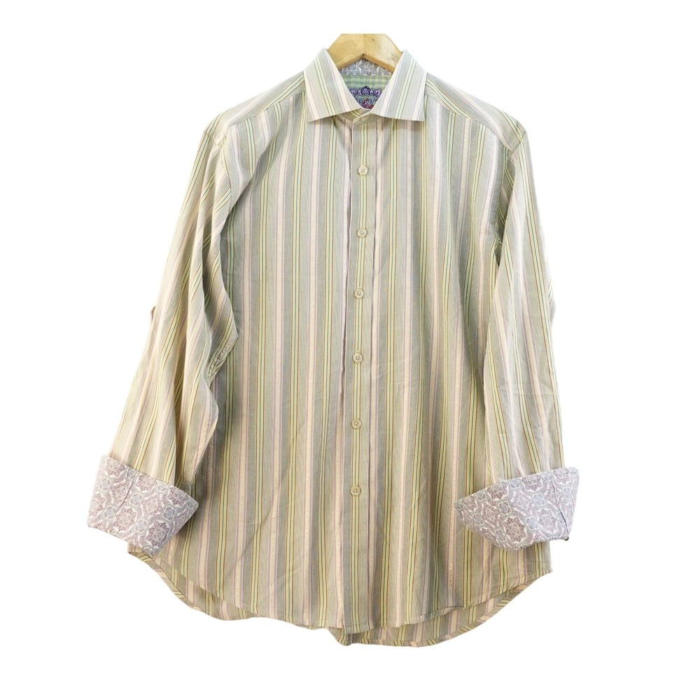 Robert Graham Mens L Flip Cuff Striped Button Down Shirt Abstract Retro Preppy‎